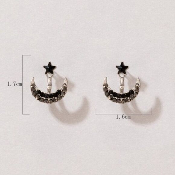 SILVER BLACK DIAMOND STAR STUD AND CRESCENT MOON STUD EARRING JACKET - Picture 5 of 8